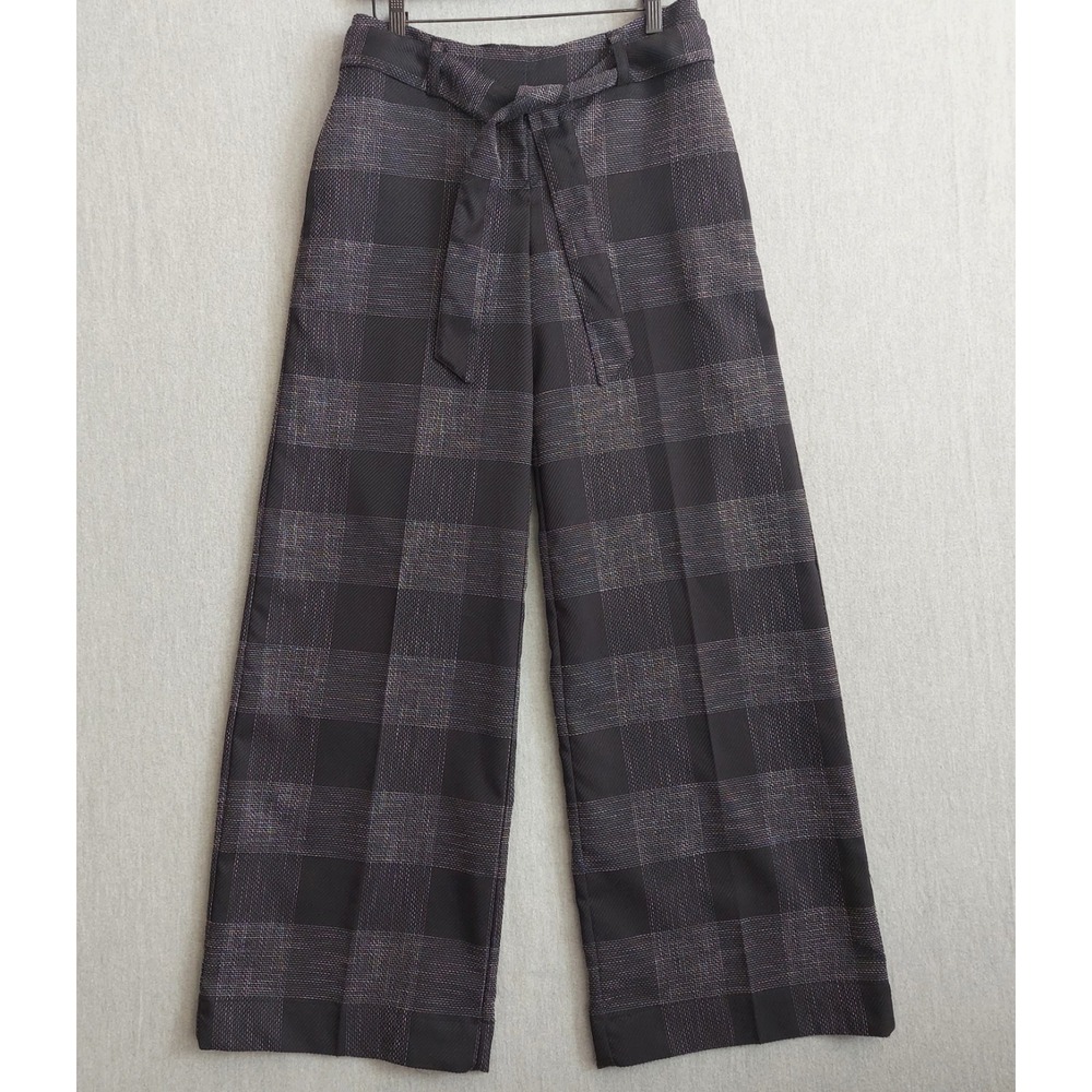 Womens Wide Leg Plaid Career Pants Size 6 Mid Rise Belted Trousers Office‎ Chic